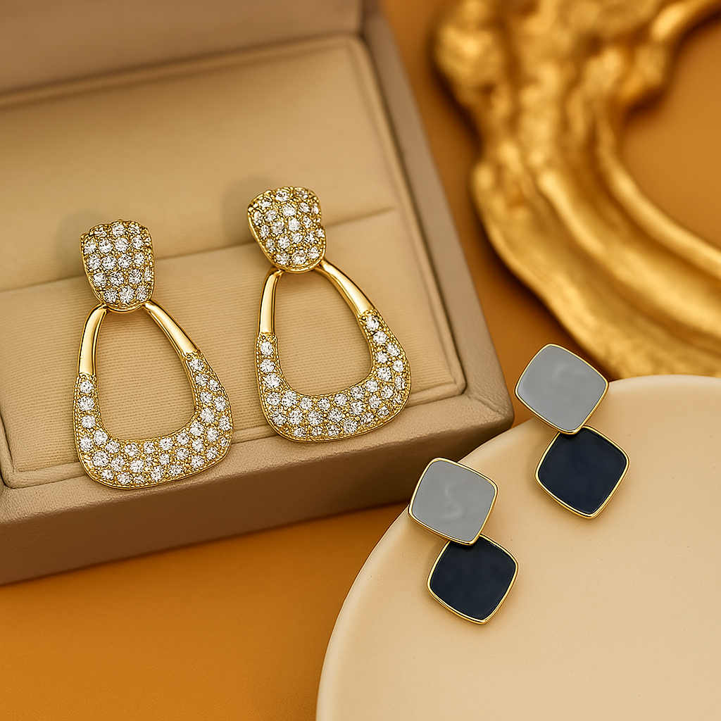 Blind Rhinestone Drop Earrings & Blue Dual Tone Geometric Earrings | Combo Set