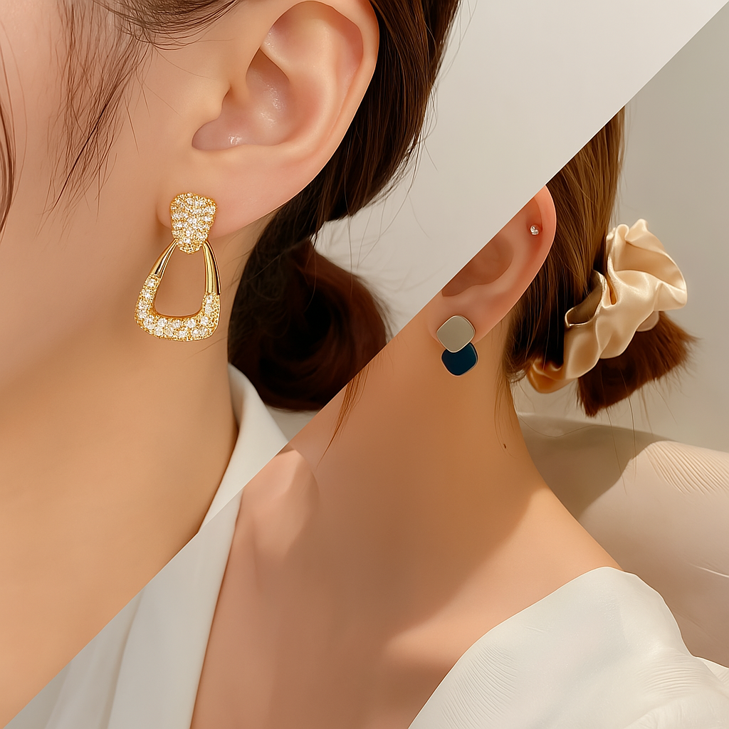 Blind Rhinestone Drop Earrings & Blue Dual Tone Geometric Earrings | Combo Set | Try On