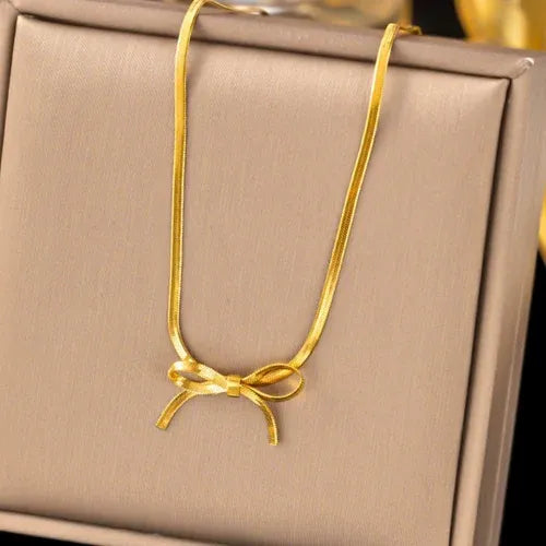Bow Knot Snake Chain Necklace | Anti-tarnish | Stainless Steel | Gold Plated