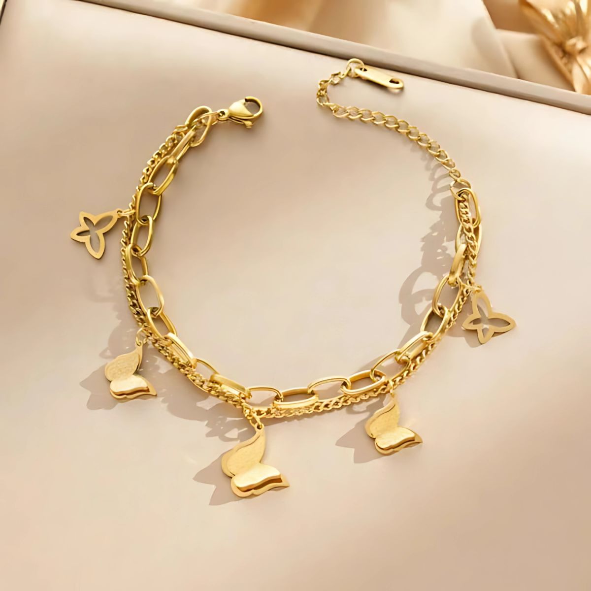 Butterfly Charm Dual Layer Chain Bracelet