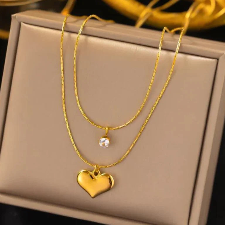Crystal Heart Double Layered Neclace | Anti-tarnish | Stainless Steel | Gold Plated