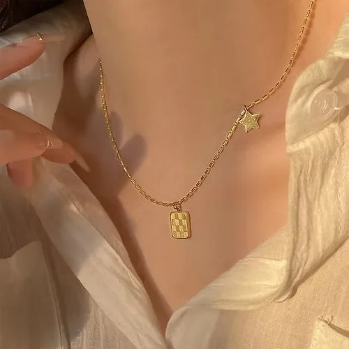 Dainty Square Star Pendant Necklace | Anti-tarnish | Stainless Steel | Gold Plated | Try On