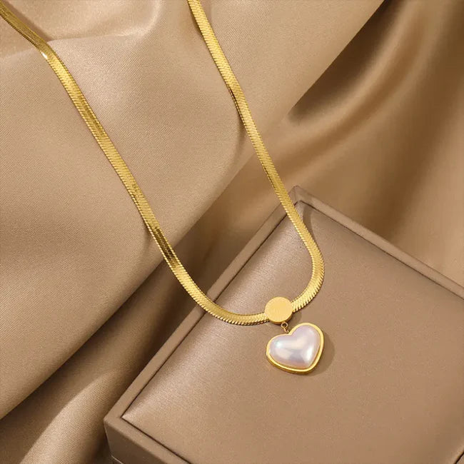 Pearl Heart Snake Chain Necklace | Anti-tarnish | Stainless Steel | Gold Plated