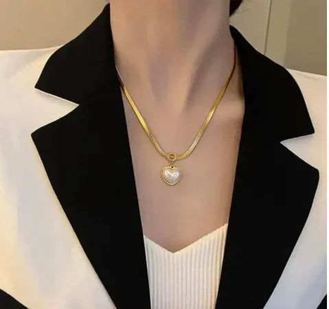 Pearl Heart Snake Chain Necklace | Anti-tarnish | Stainless Steel | Gold Plated |Try On