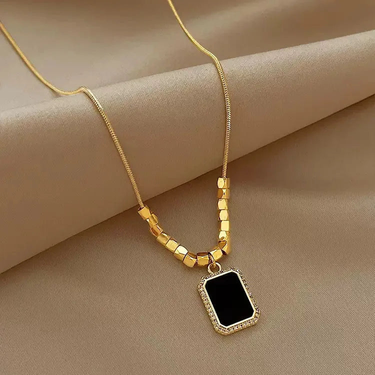 Square Beads Black Pendant Chain Necklace | Anti-tarnish | Stainless Steel | Gold Plated