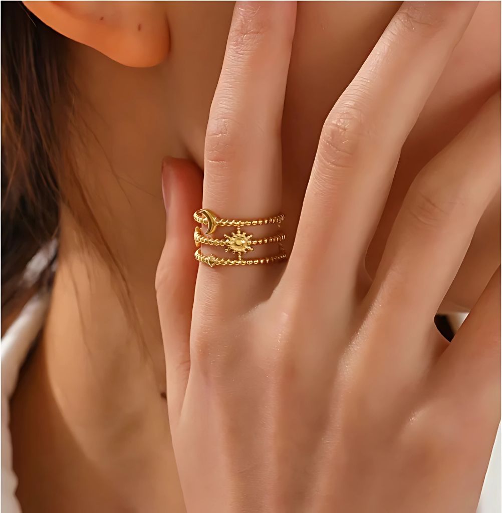 The Moon, Stars & Sun Three Layer Ring Try On