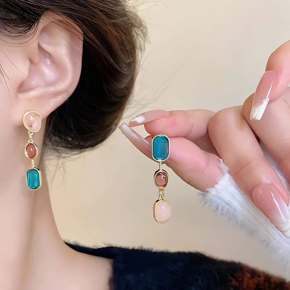 Asymmetrical Colored Gemstone Earrings | 2 Set | Multicolor | Try On