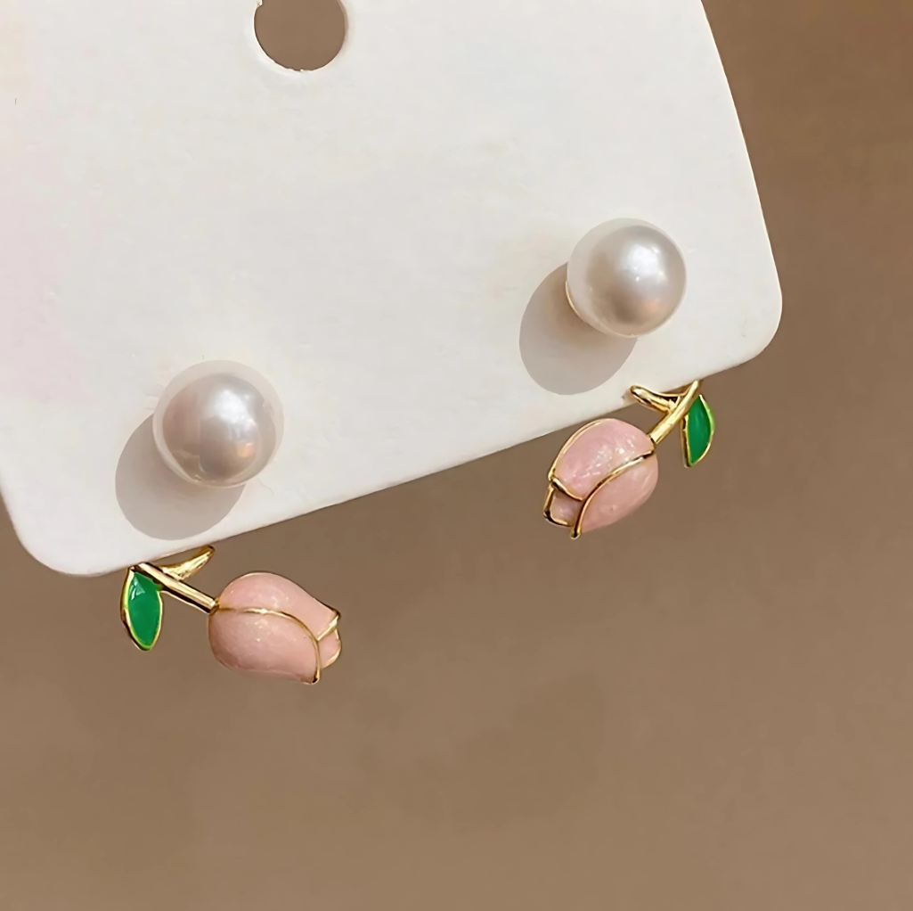 Pink Tulip Flower Pearl Earrings | 2 Set