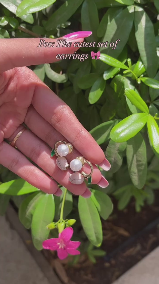 Pink Tulip Flower Pearl Earrings | 2 Set