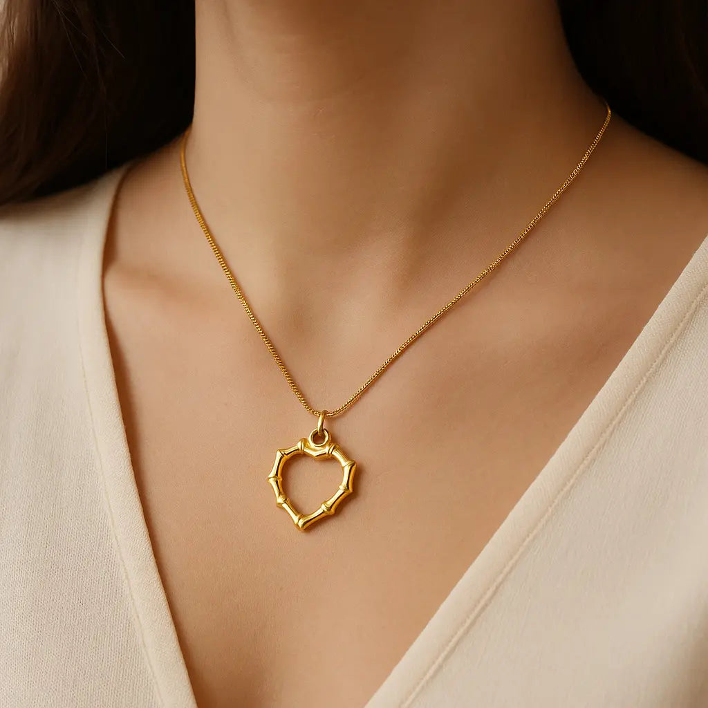 Elegant Bamboo Heart Gold Pendant Necklace | Anti-tarnish