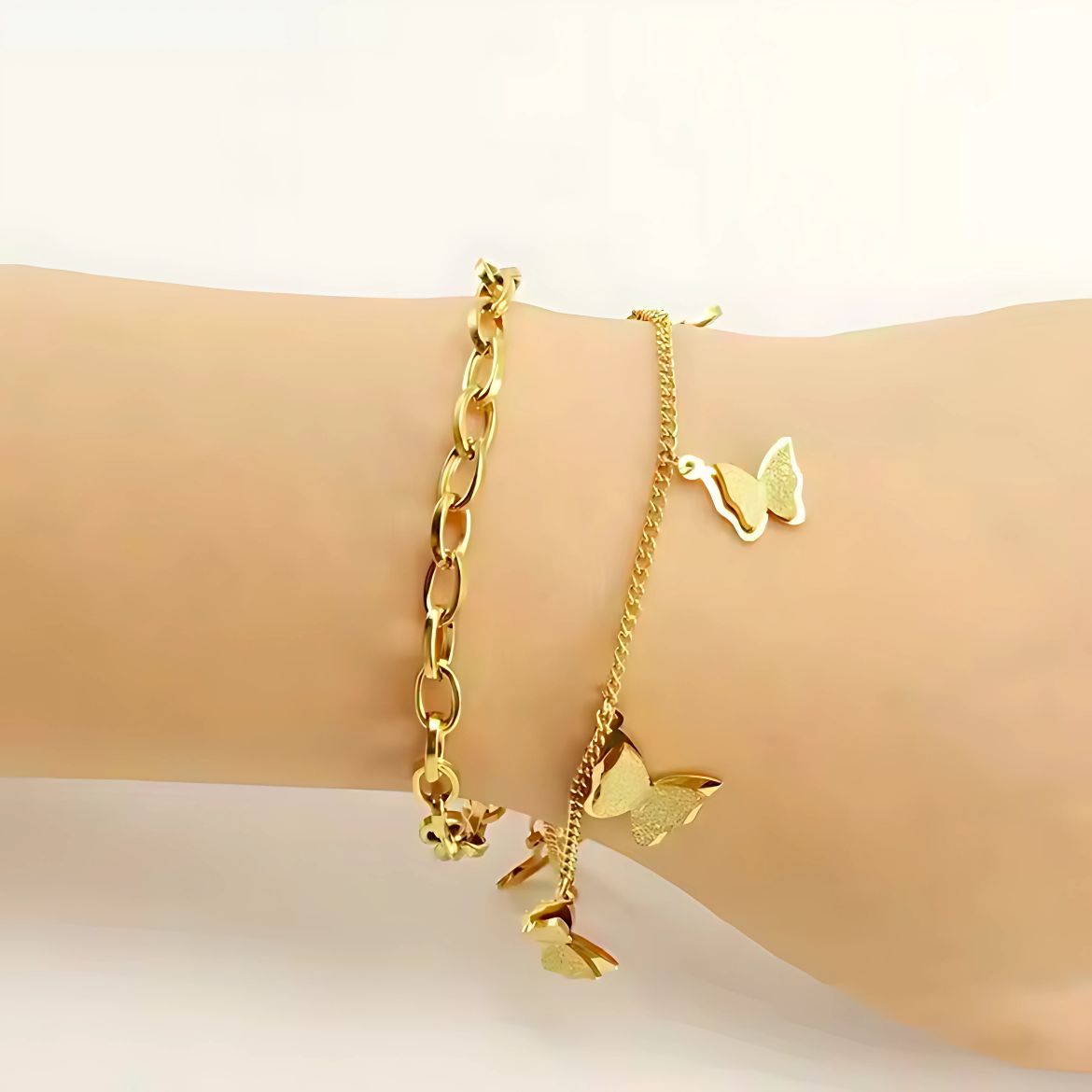 Butterfly Charm Dual Layer Chain Bracelet
