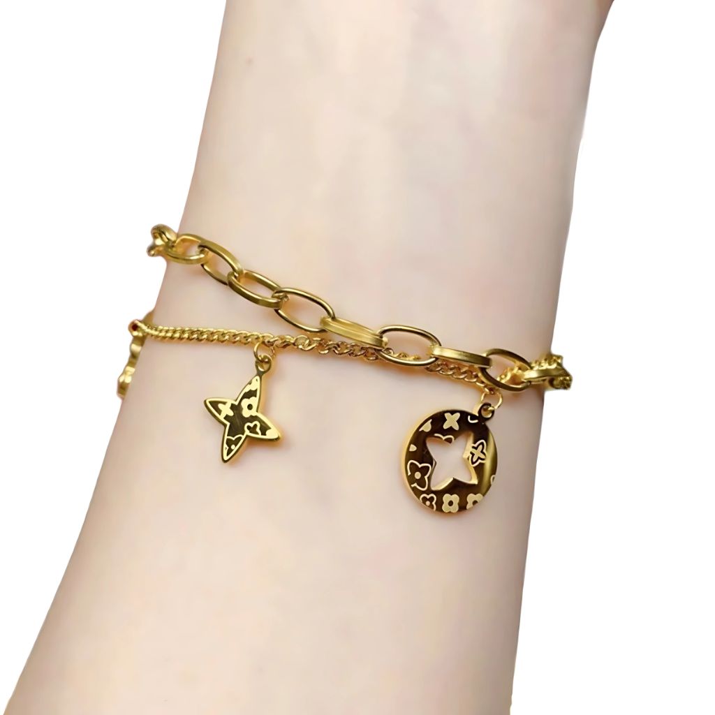 Dual Layer Printed L V Charm Bracelet